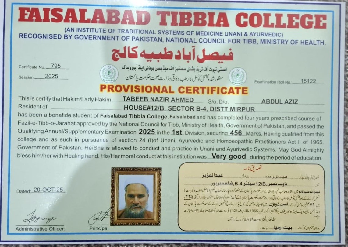 Faisalabad Tibbia College Certificate